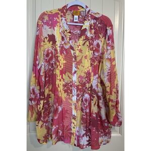 Ruby Rd Tunic Blouse Top Shirt Women Roll Tab Sleeve Button Up Pink Yellow Sz 3X
